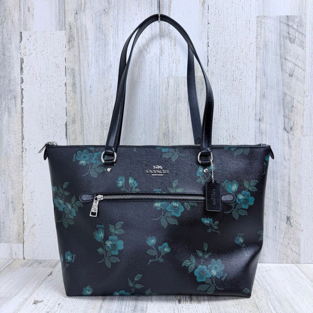 COACH Gallery Tote In Floral Print Black Blue Coated Canvas Purse F88877